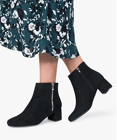 boots femme a talon carre en suedine unie et zip decoratif noir1311701_1