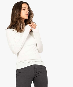 GEMO Tee-shirt femme uni avec col roulé et manches longues blanc standard