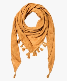 GEMO Foulard femme uni en maille texturée et finitions pompons Jaune