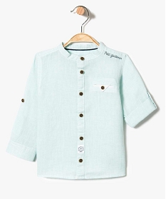 chemise en lin rayee avec col mao et manches retroussables vert2774701_1