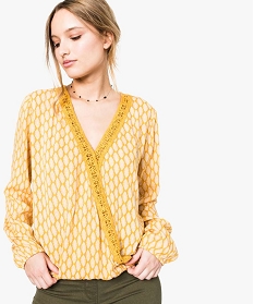blouse imprimee forme cache-coeur a manches longues jaune4001301_1