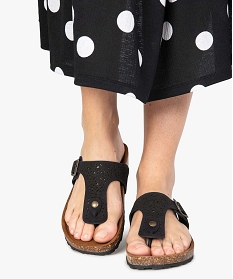 GEMO Sandales femme en cuir à entre-doigts avec bride ajourée à boucle noir standard