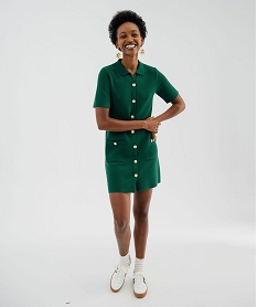 GEMO Robe en maille à manche courtes avec boutons métalliques femme vert standard