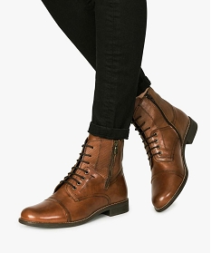 GEMO Bottines femme dessus cuir lacées et zippées look preppy Brun