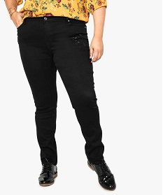 pantalon femme 5 poches en stretch avec broderies sur les cuisses noir pantalons et jeans7106901_1
