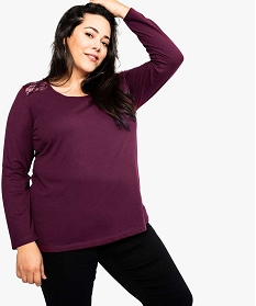 tee-shirt femme a manches longues avec empiecement dentelle violet7150701_1