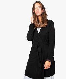 veste homewear femme ceinturee avec finition dentelle noir7275701_1