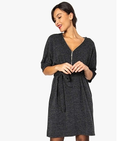 robe-pull femme chinee a manches courtes et encolure zippee gris7469301_1