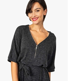 robe-pull femme chinee a manches courtes et encolure zippee gris7469301_2