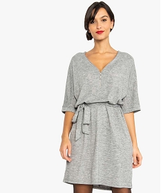 robe-pull femme chinee a manches courtes et encolure zippee gris7469401_1
