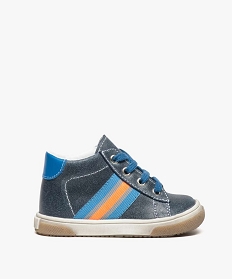 chaussures premiers pas en cuir pour bebe avec bandes colorees sur le cote bleu7489601_1