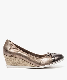 GEMO Ballerines femme à talon compensé en corde et bout verni marron fonce