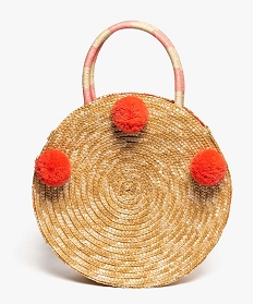 sac femme en paille de forme ronde avec pompons colores beige7596301_1