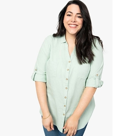 chemise femme en lin melange a manches 34 retroussables vert chemisiers et blouses7665001_1