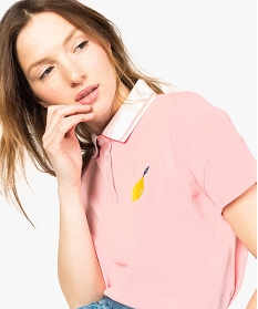 polo femme en coton pique avec col raye et broderie poitrine rose tee-shirts tops et debardeurs7676201_2