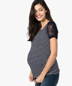 tee-shirt de grossesse raye en coton bio avec epaules en dentelle bleu7684801_1