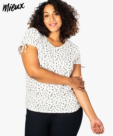 tee-shirt femme a motif col v et liens coulissants en coton bio imprime t-shirts manches courtes7684901_1