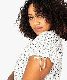 tee-shirt femme a motif col v et liens coulissants en coton bio imprime t-shirts manches courtes7684901_2