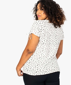 tee-shirt femme a motif col v et liens coulissants en coton bio blanc7684901_3