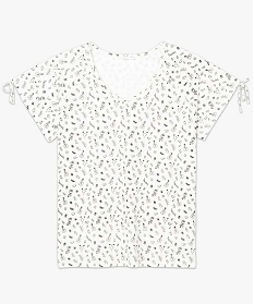 tee-shirt femme a motif col v et liens coulissants en coton bio blanc7684901_4