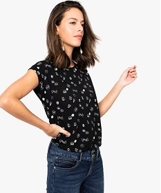 tee-shirt femme imprime avec manches courtes a revers noir7687201_1