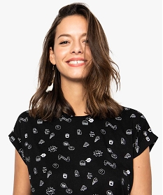 tee-shirt femme imprime avec manches courtes a revers noir7687201_2
