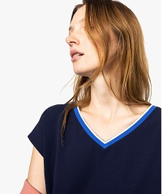 tee-shirt femme bi-matieres avec col v contrastant bleu7689201_2