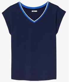 tee-shirt femme bi-matieres avec col v contrastant bleu7689201_4