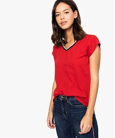 tee-shirt femme bi-matieres avec col v contrastant rouge7690601_1