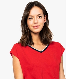 tee-shirt femme bi-matieres avec col v contrastant rouge7690601_2
