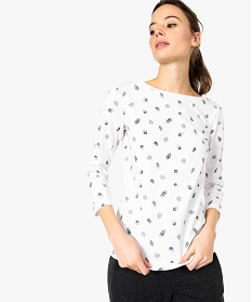 tee-shirt femme en coton bio imprime a manches longues blanc7693401_1
