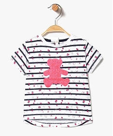 tee-shirt raye bebe avec motifs fleuris et log paillete - lulu castagnette blanc7729001_1