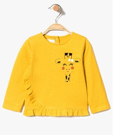 tee-shirt bebe fille avec volant brode et motif animal en coton bio jaune7731601_1