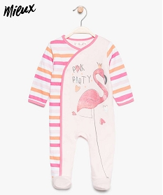 pyjama bebe fille en coton bio a rayures et flamant rose multicolore pyjamas ouverture devant7736301_1