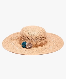chapeau femme capeline en papier ajoure et fleurs en tissu brun sacs bandouliere7766501_1