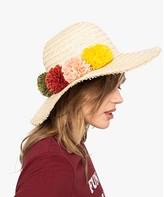 chapeau femme capeline en papier a fleurs pompons multicolores beige7766601_1