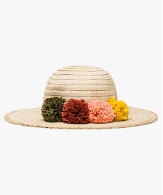 chapeau femme capeline en papier a fleurs pompons multicolores beige7766601_2