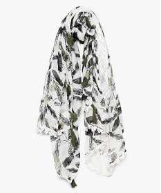 foulard carre motif plumes a empiecement dentelle et pompons blanc7769701_2