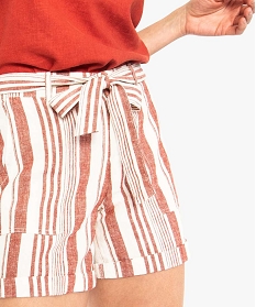 short femme raye en lin et ceinture a nouer sur lavant imprime shorts7959101_2