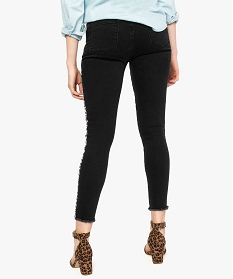 jeans femme skinny finition frangee a bandes imprimees leopard noir jeans8565401_3