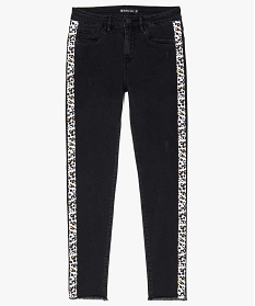 jeans femme skinny finition frangee a bandes imprimees leopard noir pantalons jeans et leggings8565401_4