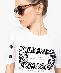 tee-shirt femme court motif zebre a manches boutonnees blanc8580001_2
