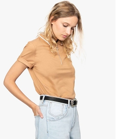 polo femme a manches courtes avec col zippe brun tee-shirts tops et debardeurs8891501_1