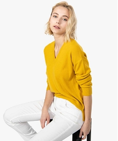 pull femme a fentes laterales et col v jaune pulls8900301_1