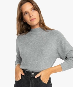 pull femme fin a col cheminee et ajours gris8904201_2