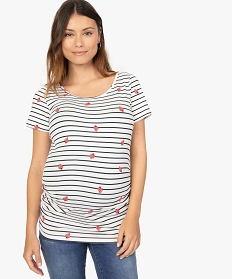 tee-shirt de grossesse raye avec motifs fraises en coton bio beige8907701_1