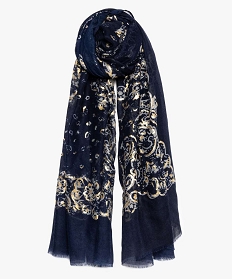 foulard femme a motif dore et finition frangee bleu sacs bandouliere8998701_1