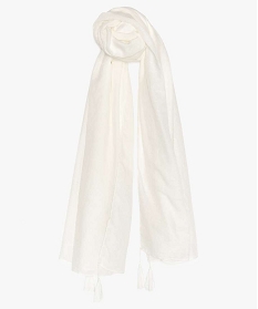 foulard femme oversize en voile texture uni et petits pompons blanc8999601_1