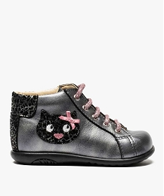 chaussures premiers pas fille en cuir metallise et motif chat gris9141301_1