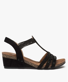 GEMO Sandales femme compensées à brides strass élastiquées noir standard